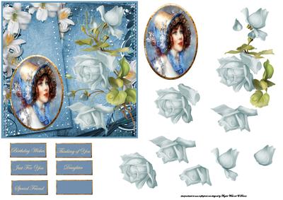 Blue Rose Bonnet Card Front with Decoupage