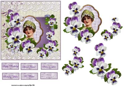 Vintage Beauty with Green Victorian Hat and Pansies