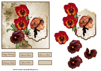 Vintage Beauty Card Front with Topper and Pansy Decoupage