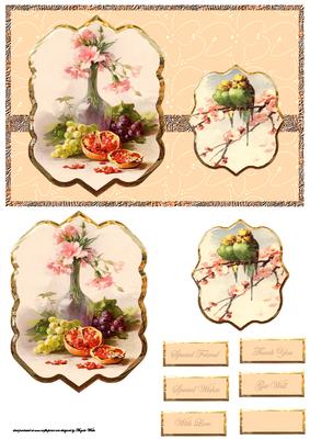 Vintage Carnations, Fruit and Birds Card Front with Toppers