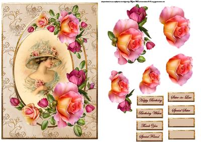 Vintage Lady with Pink Rose Decoupage