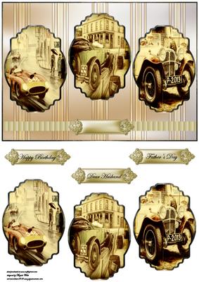 Vintage Car Street Scene Panel Card with Toppers