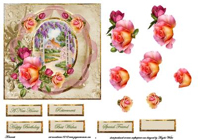 Garden Scene Card Front with Rose Decoupage and Sentiment Ta