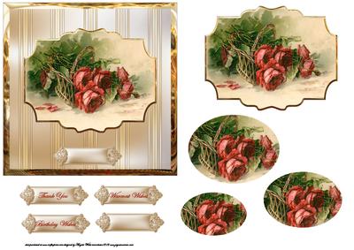 Basket of Vintage Red Roses Card , Topper and Pyramid