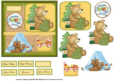 Camping Bears Card Front with Decoupage and Sentiment Tags