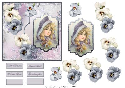 Pansy Girl Card Front with Topper and Decoupage