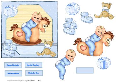 Baby Boy on Rocker Horse Card Front with Decoupage