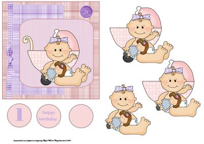 Baby Girl First Birthday Card with Decoupage