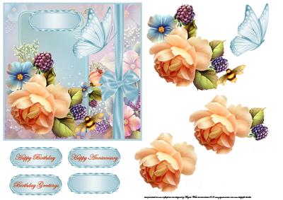 Peach Rose and Butterfly Card Front with Decoupage