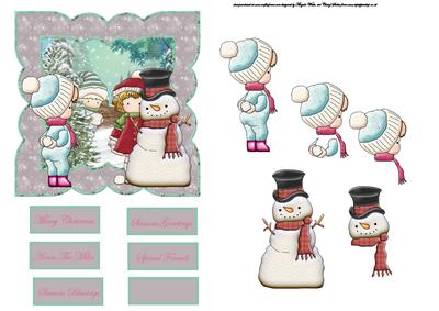 Snowball Fight Card Front with Decoupage