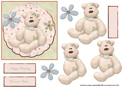 Girl Bear Card with Decoupage and Sentiment Tags