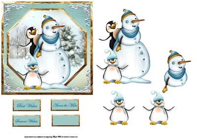 Snowman and His Penguin Friends with Decoupage