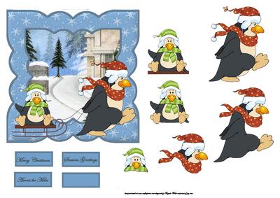 Penguin Fun Sledging Card with Decoupage