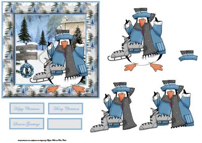 Penguin Going Skating Card with Decoupage