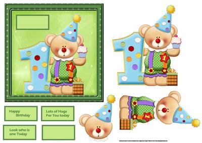 Birthday Clown Teddy Age One Card with Decoupage
