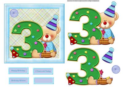 Birthday Clown Teddy Bear Age 3 Card with Decoupage