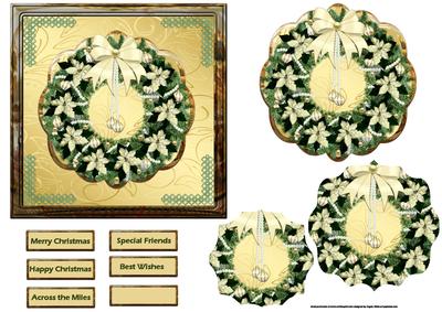Vintage Christmas Wreath and White Poinsettias Card