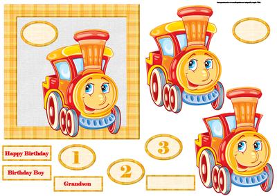 Smiling Train Engine Card with Decoupage and Sentiment Tags