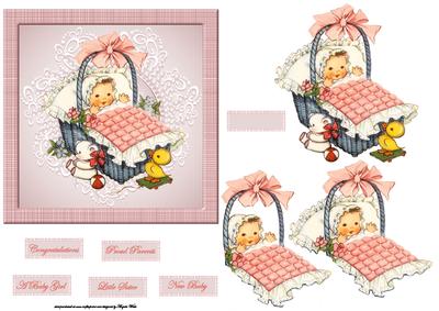 Baby Girl in a Wicker Basket Card with Decoupage