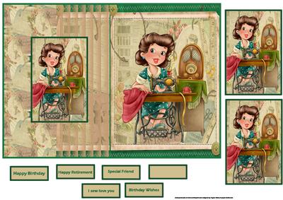 Vintage Seamstress Fold Back Card with Toppers