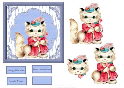 Vintage Cat Card Front with Decoupage