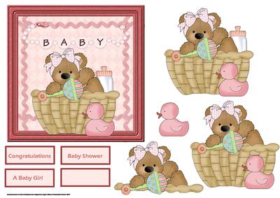 Baby Girl Bear Card with Decoupage