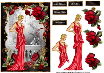 Lady in Red Card Front with Decoupage
