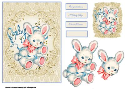 Baby Boy Rabbit Card with Decoupage and Gift Tag