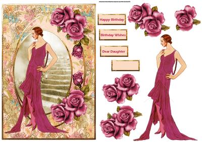 Art Deco Lady in Cerise Dress Card with Decoupage