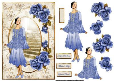 Blue Glitter Rose and Dress Card and Decoupage