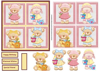 Garden Teddy Bears Team Card with Toppers and Decoupage