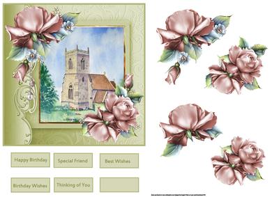 Church View Card with Rose Decoupage