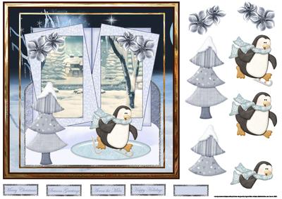 Penguin Skating 7x7 Card with Decoupage