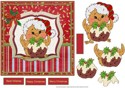 Robin and His Christmas Pudding 7x7 Card with Decoupage