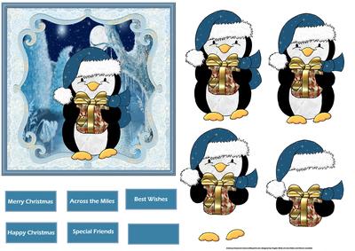 Penguin Brings a Gift a Card with Decoupage