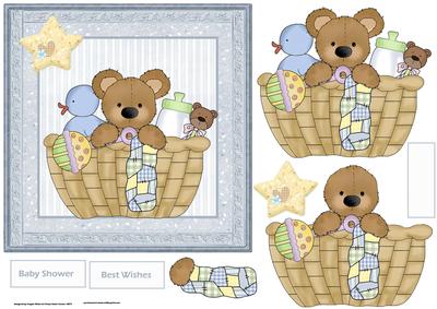 Teddy Bear Baby Shower Basket Card with Decoupage