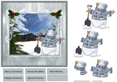 Snowman Watches a Train Card with Decoupage