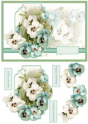 Aqa and White Pansy Card with Decoupage