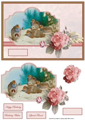 English Partridge and Rose Card with Decoupage