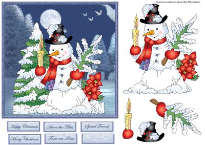 Snowman Lights His Way Home Card with Decoupage