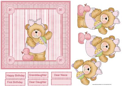 Baby Girl Teddy Bear Card with Decoupage
