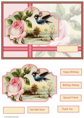 Pink Rose and Blue Bird Card with Topper