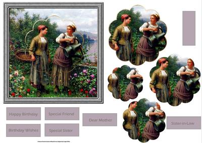 Vintage Girls Watering the Flowers Card
