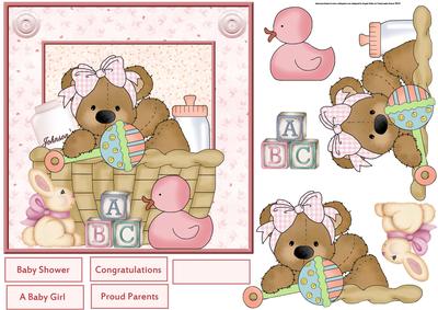 Baby Bear Girl in a Basket Card and Decoupage