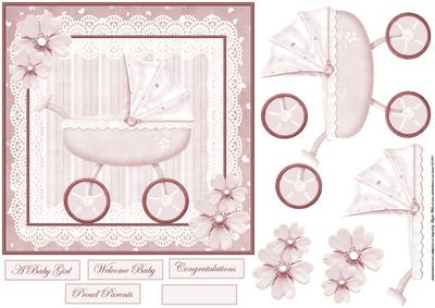 Baby Girl Pram Card with Decoupage