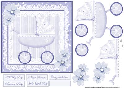 Baby Boy Pram Card with Decoupage