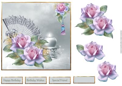 Pink Rose and Fan Card with Decoupage