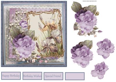 Iris and Rose Card with Decoupage and Sentiment Tags