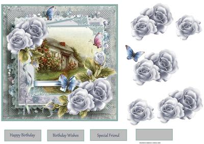 Cottage and Blue Rose Card with Decoupage
