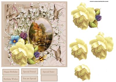 The Water Mill Card with Rose Decoupage
